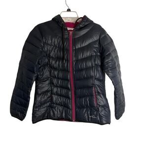Eddie Bauer Girls Down Hooded Jacket Size LBlack Magenta Pink Fleece Lined